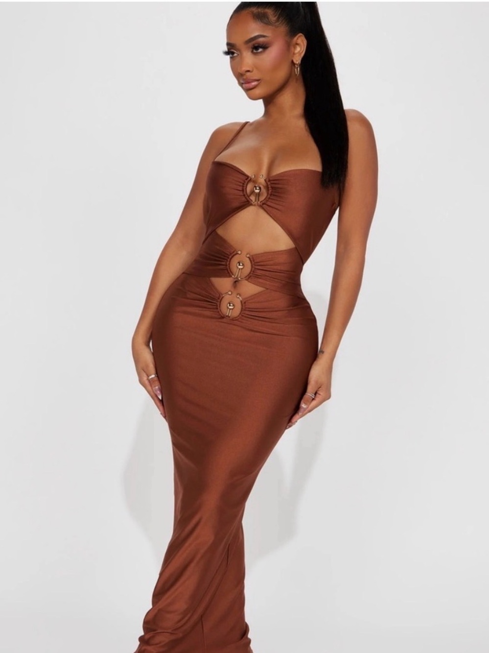 Fashion Nova Brown Cutout Maxi Dress with Ring Details “Say Nothing”